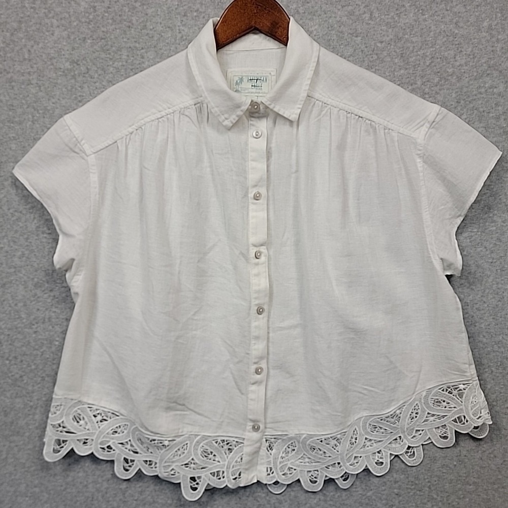 American‎ Eagle White Lace Trim Button Down Linen Blend Boho Chic Top Women's M